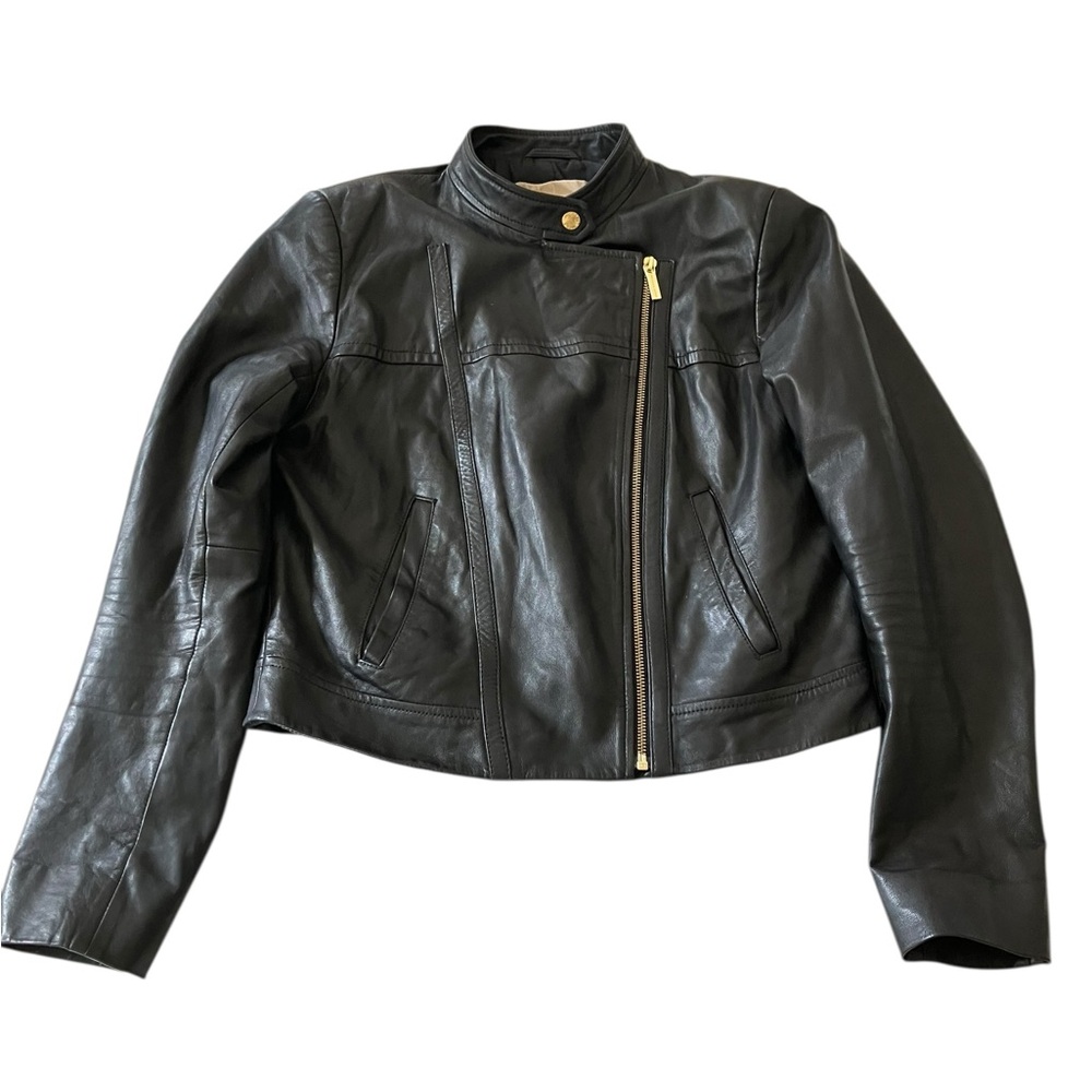 Michael Kors Black Leather Lambskin Moto Biker Jacket Gold Women’s M - Picture 4 of 15